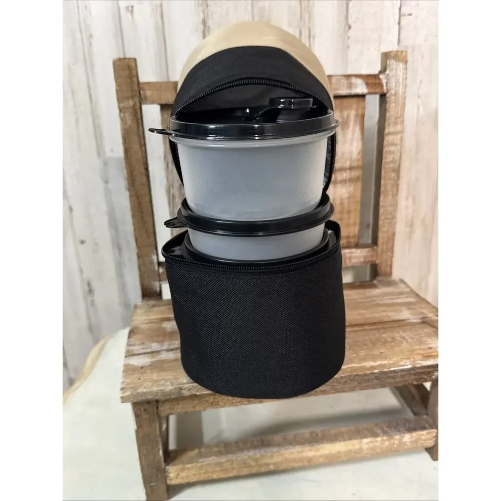 Vintage New Tupperware Black And Tan Insulated Zip Lunch Set With Bonus Items